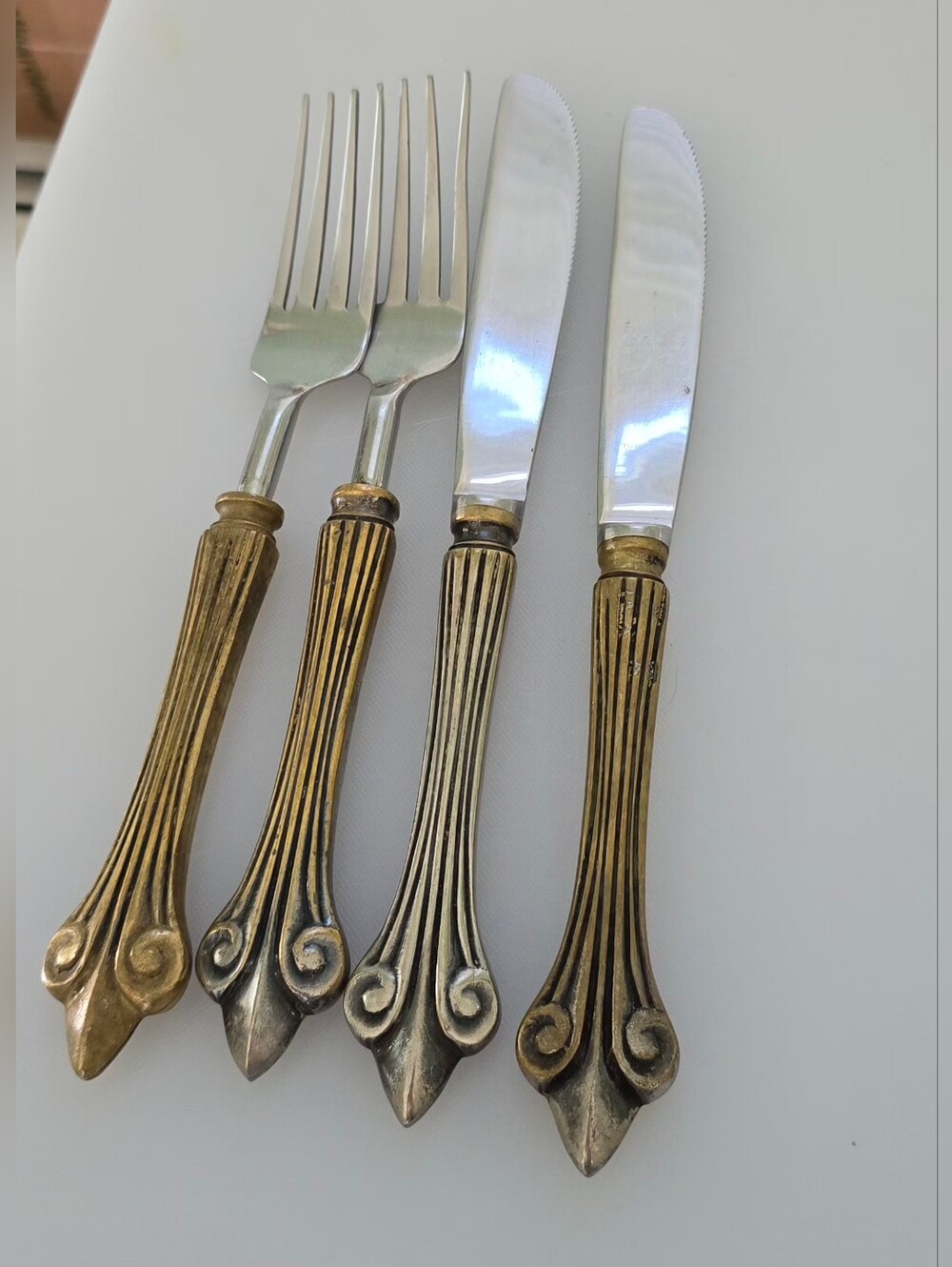 Vintage Fleur De Lis Flatware Set - Brass & Silver Tone - 2 Forks, 2 Knives MCM